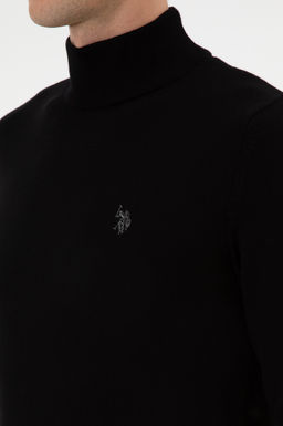 Erkek Slim Fit Bo_azl_ Siyah Basic Kazak