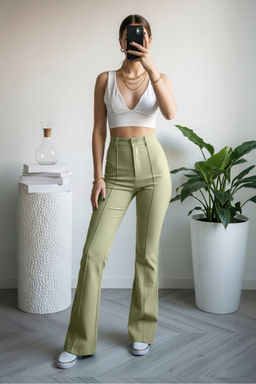Yesil Straight/Duz Kesim Yuksek Bel Nervur Dikisli Dokuma Pantolon TWOSS21PL0093