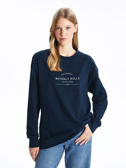 Bisiklet Yaka Bask?l? Oversize Kad?n Sweatshirt