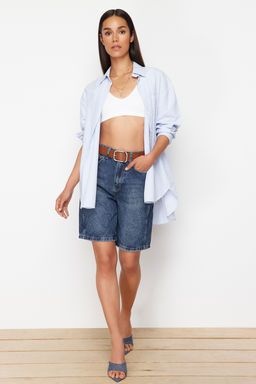 Koyu Mavi More Sustainable Yuksek Bel Denim Bermuda TWOSS24SR00177