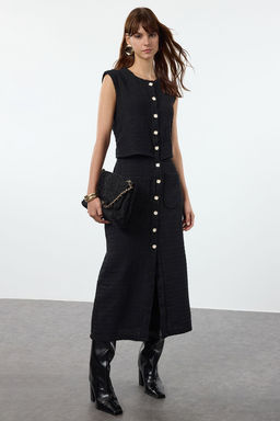 TRENDYOLMILLA Siyah Dugme Detayl? Dokuma Tuvit Ceket Elbise TWOAW25EL00177  фото 7