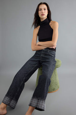 Antrasit %100 Pamuk Pa_a Ekose Detayl_ Y_ksek Bel Wide Leg Jeans TWOAW27JE00015 - Trendyolmilla фото 7