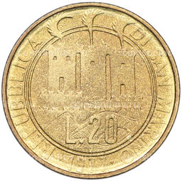 Монета 20 лир 1977 года Сан-Марино
