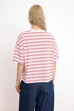 Pembe Cizgili Boxy Dusuk Kol K?sa Kollu Tok %100 Pamuk Orme T-Shirt TWOSS26TS00023 - Trendyolmilla фото 4