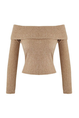 Bej Yumos Carmen Yaka Fitted/Vucuda Oturan Orme Bluz TWOAW26BZ00081