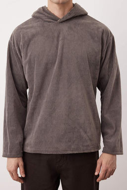 Antrasit Yeni Oversize/Genis Kesim Yumusak Fitilli Kadife Sweatshirt TMNAW26SW00001