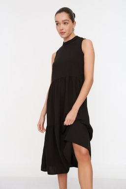 Siyah Shift/Duz Kesim Dik Yaka Midi Dokuma Elbise TWOSS20EL1864