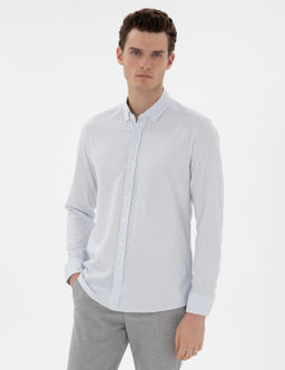 A__k Mavi Slim Fit _izgili Uzun Kollu G_mlek