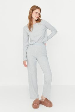 Trendyolmilla Gri Slogan Lastik Detayl? Fitilli Orme Pijama Tak?m? THMAW21PT0269  фото 9
