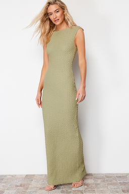 Haki Dokulu Kumas Fitted/Vucuda Oturan Ay Kol Esnek Orme Midi Kalem Elbise TWOSS24EL00103