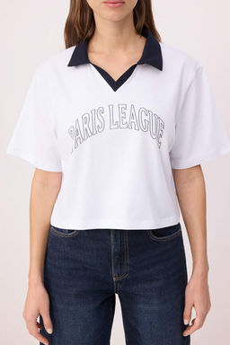 Beyaz Bask?l? Boxy Kal?p Polo Yaka Dusuk Kol %100 Pamuk Orme T-Shirt TWOSS26TS00187 - Trendyolmilla фото 3
