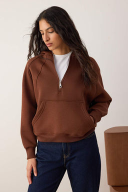 Kahverengi Yar?m Pat Fermuarl? Dikis Detayl? Oversize/Genis Kal?p Orme Sweatshirt TWOAW26SW00222