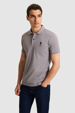 Erkek Slim Fit Polo Yaka Gri Basic Ti__rt