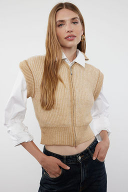 Bej Yumusak Dokulu Dik Yaka Fermuarl? Regular Yelek TWOAW25YE00033