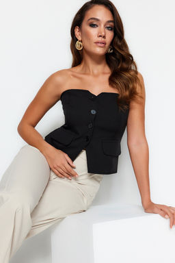 Siyah Slim Fit Straplez Crop Dokuma Yelek TWOAW24YE00034