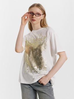 Футболка женская белая с золотистой отделкой белый +печать6 112678