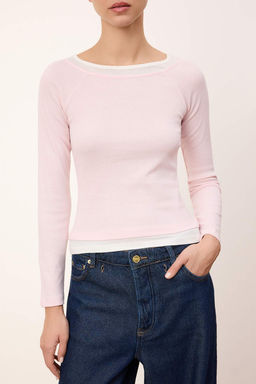 Pembe Vucuda Oturan Cift Gorunumlu Kay?k Yaka Uzun Kollu Pamuk Ribana Orme Bluz TWOSS26BZ00230 - Trendyolmilla фото 5