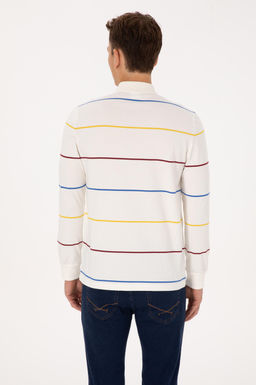 Erkek Regular Fit Polo Yaka _izgili Krem Sweatshirt