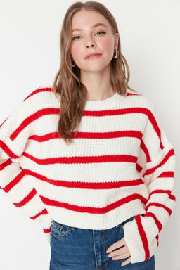 Ekru Crop Basic Cizgili Genis Kal?p Triko Kazak TWOAW23KZ00390