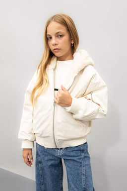 Двустороннее пальто с капюшоном для девочек - Defacto фото 3