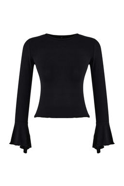 Siyah Fitted/Vucuda Oturan Uzun Kollu Volanl?/F?rf?rl? Premium Yumusak Orme Bluz TWOSS26BZ00152