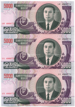 Банкнота 5000 вон 2006 года Северная Корея Лист из трех банкнот