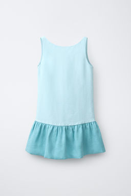 VESTIDO VOLANTE CON LINO / Azul claro