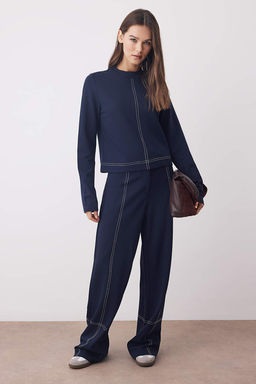 Lacivert Dikis Detayl? Wide Leg/Genis Kesim Orme Pantolon TWOAW26PL00023