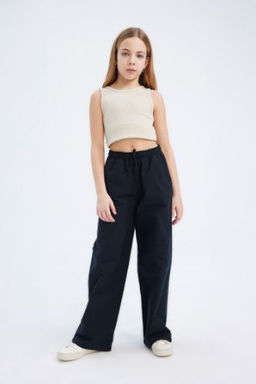 K?z Cocuk Beli Lastikli Wide Leg Genis Bol Paca Pamuklu Pantolon