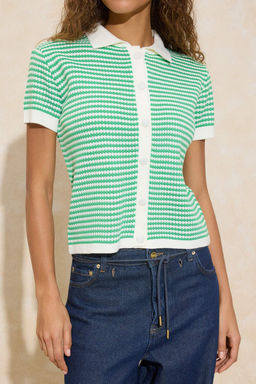 Yesil Polo Yaka Cizgili Triko Orta Bluz TWOSS25BZ00183