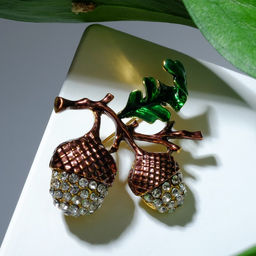 Брошь «Жёлуди», бело-зелёная в чернёном золоте