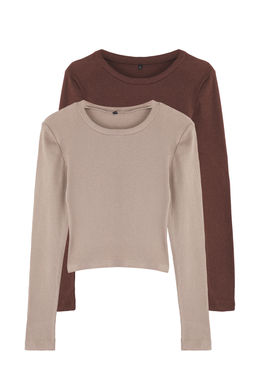 Kahverengi-Bej 2li Paket Vucuda Oturan Bisiklet Yaka Fitilli Crop Esnek Orme Bluz TWOAW22BZ0331