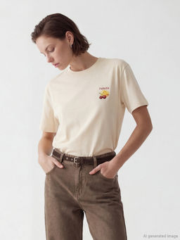 Bisiklet Yaka Bask?l? Oversize Kad?n Ti??rt