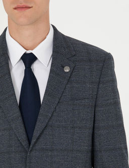 Lacivert Slim Fit Ekose Tak_m Elbise