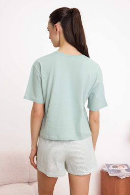 Trendyolmilla Beyaz-Mavi %100 Pamuklu Cizgili Slogan Bask?l? Uyku Bantl? Sortlu Orme Pijama Tak?m? THMSS25PT00102  фото 15