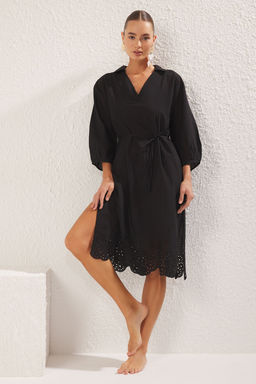 Plaj Giyim Siyah Dokuma Brodeli Midi Elbise TBESS25EL00009