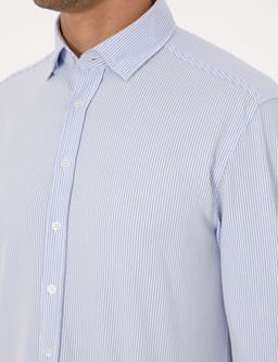 A__k Mavi Esnek Slim Fit _izgili Uzun Kollu G_mlek