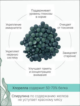 Спирулина + Хлорелла таблетки 150г (таблетки массой 500мг) - Sneko Gold фото 8