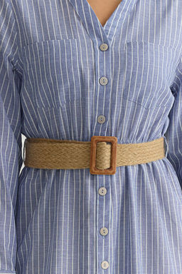 Mavi Kemerli Cizgili Midi Dokuma Gomlek Elbise TWOSS25EL00063