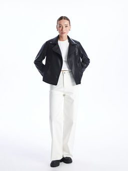 Kad?n Biker Yaka D?z Deri G?r?n?ml? Mont