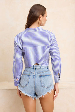 TRENDYOLMILLA Cizgili Crop Dokuma S?rt Dekolteli Keten Gorunumlu Plaj Gomlegi TBESS24GO00012  фото 35