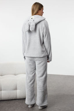 Gri Kapusonlu ve Nak?sl? Wellsoft K?sl?k Orme Pijama Tak?m? THMAW25PT00143