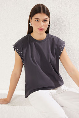 TRENDYOLMILLA Lacivert %100 Pamuk Dugme Detayl? Vatka Gorunumlu Basic Bisiklet Yaka Orme T-Shirt TWOSS23TS00016  фото 23