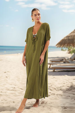 Haki Dokuma Baglama Detayl? Maxi Plaj Elbise TBESS25EL00022
