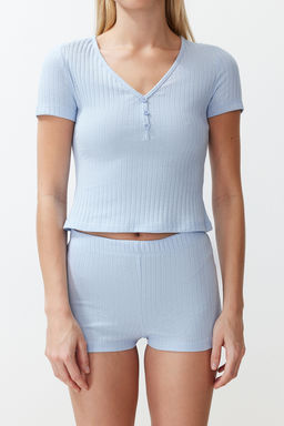 Trendyolmilla Bordo Dugme Detayl? Fitilli Sortlu Orme Pijama Tak?m? THMSS24PT00097 фото 6