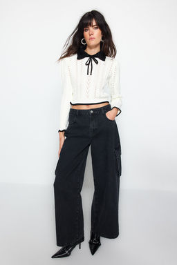 Ekru Crop Ajurlu/Delikli Kurdele/Fiyonk Detayl? Triko Kazak TWOAW24KZ01055 - Trendyolmilla фото 2