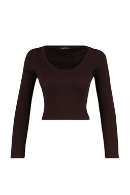 Trendyolmilla Kahverengi-Bej 2li Paket Crop Fitted/Vucuda Oturan V Yaka Fitilli Esnek Orme Bluz TWOAW22BZ0129