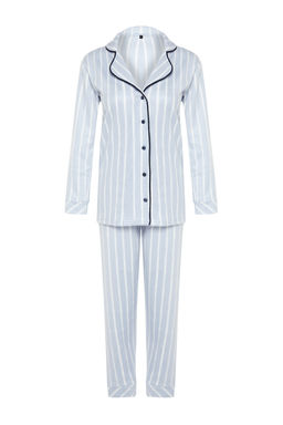 Mavi Cizgili Biye Detayl? Uyku Bantl? Polar K?sl?k Orme Pijama Tak?m? THMAW22PT0360
