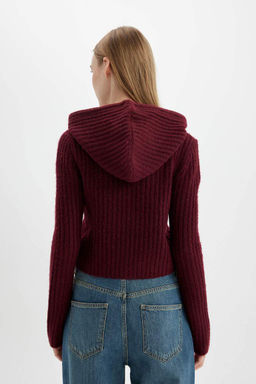 Женский однотонный укороченный трикотажный свитер обычного кроя с капюшоном - Defacto фото 6