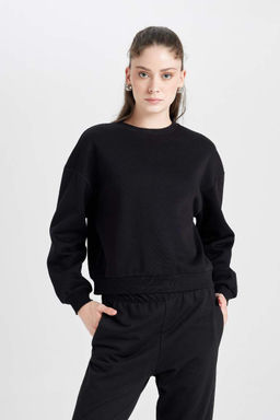 Базовый свитшот из плотной ткани обычного кроя с круглым вырезом - Defacto фото 4